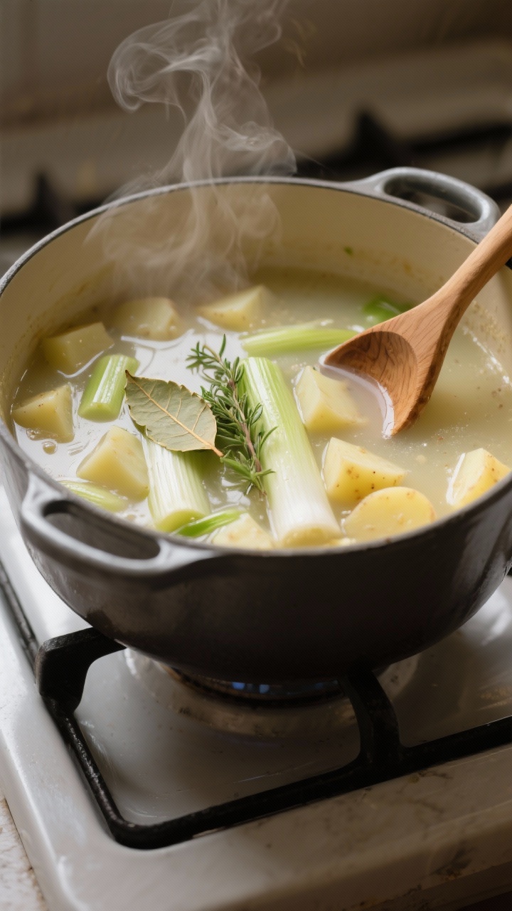 “Comforting Potato & Leek Soup Made Simple” — The 25-Minute Hug Your Weeknight Needs Cooking process: Leek and potato soup simmering in a wide, heavy pot—leeks softened and translucen