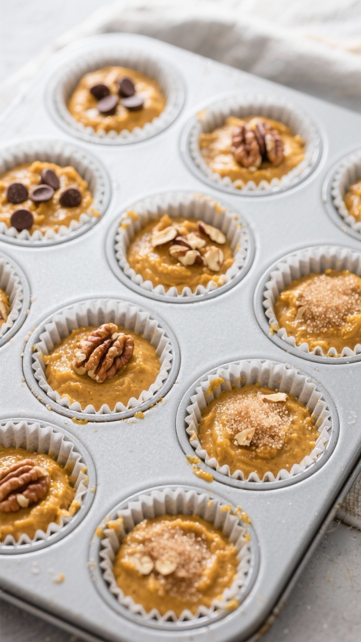 Healthy Pumpkin Muffins Made with Oats: A Cozy, Guilt-Free Breakfast You’ll Actually Crave Cooking process: Overhead shot of a lined muffin tin filled 3/4 full with pumpkin-oat batter, some c