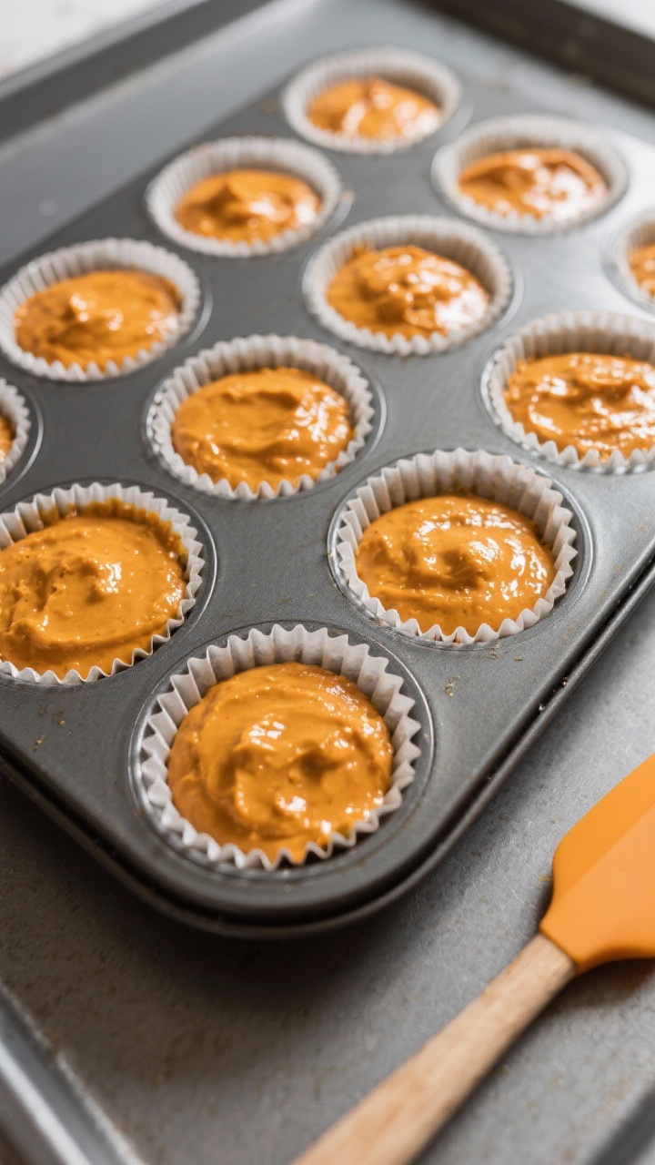 Pumpkin Spice Cupcakes with Cream Cheese Frosting: The Ultimate Fall Treat You’ll Crave All Year Cooking process: Overhead shot of a muffin tin filled 3/4 full with glossy pumpkin batter just befor