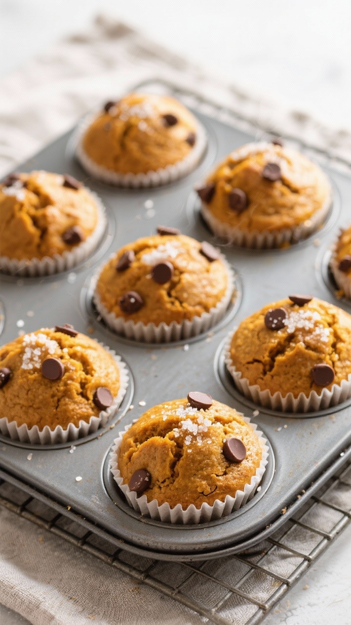 Cooking process: Overhead shot of a muffin tin fresh from the oven showing tall domed pumpkin muffin