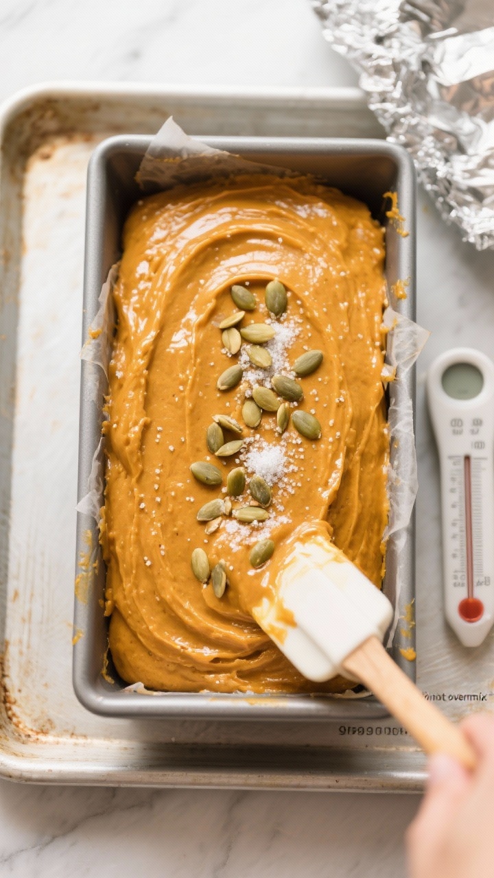 Cooking process: Overhead shot of glossy pumpkin bread batter just poured into a lined 9x5-inch loaf