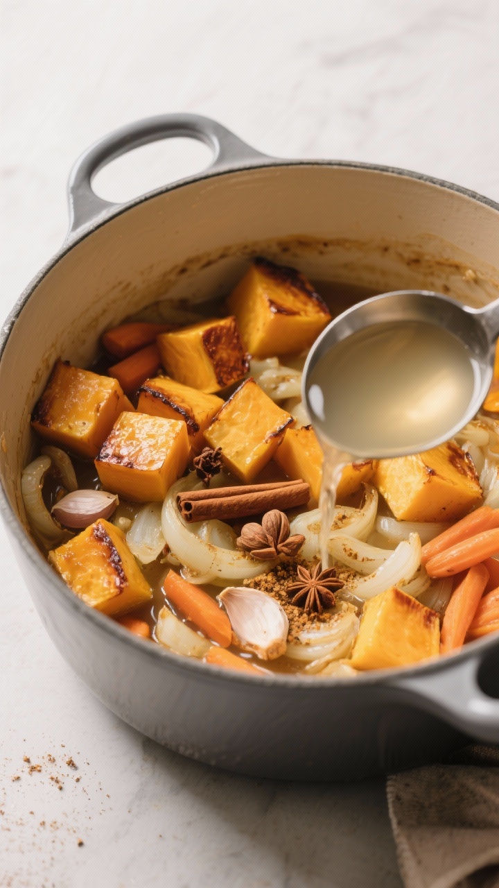Creamy Butternut Squash Soup for Cozy Fall Nights: The Silky, Golden Bowl You’ll Crave All Season Cooking process: Overhead shot of roasted butternut squash cubes just added to a pot with sautéed o