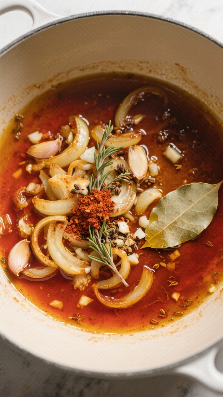 Cooking process: Overhead shot of the aromatics blooming stage—golden, lightly caramelized onions 