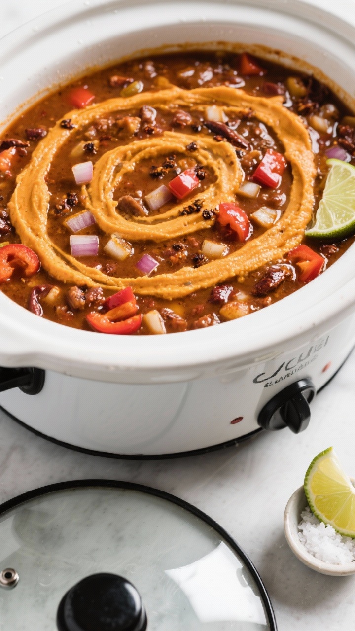 Cooking process: Overhead shot of the chili mid-cook in a slow cooker, lid off to reveal rich, gentl
