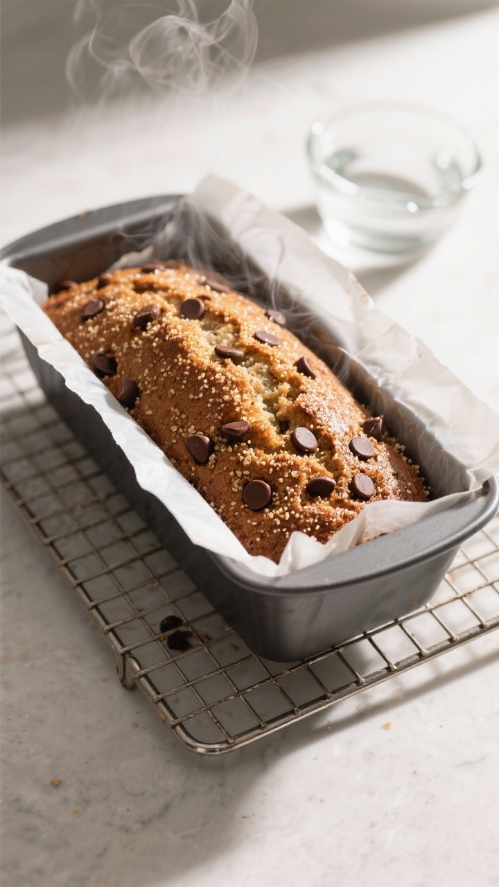 Cooking process: Overhead shot of the loaf pan fresh from the oven on a cooling rack, parchment over