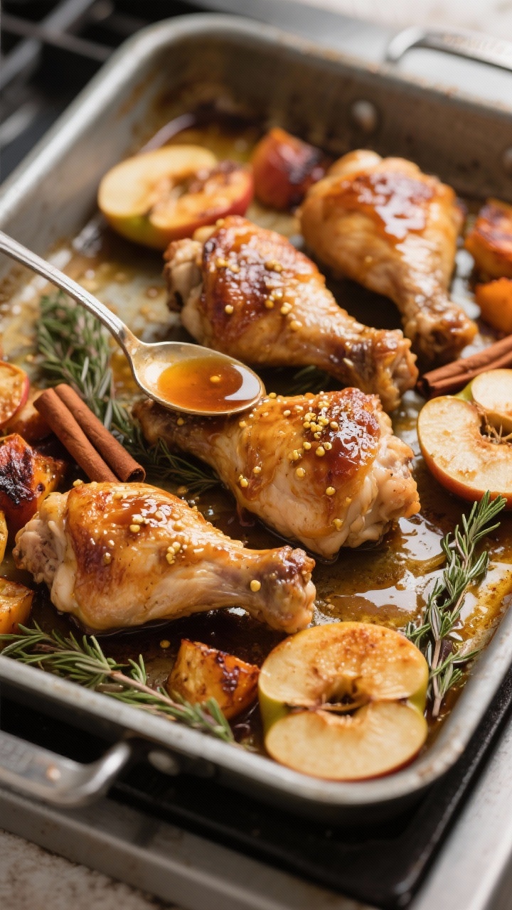 Cozy Fall One-Pan Dinners You’ll Want All Season: The Lazy-Genius Way to Win Weeknights Cooking process: Overhead shot of the one-pan dinner mid-roast after glazing—chicken thighs skin-s