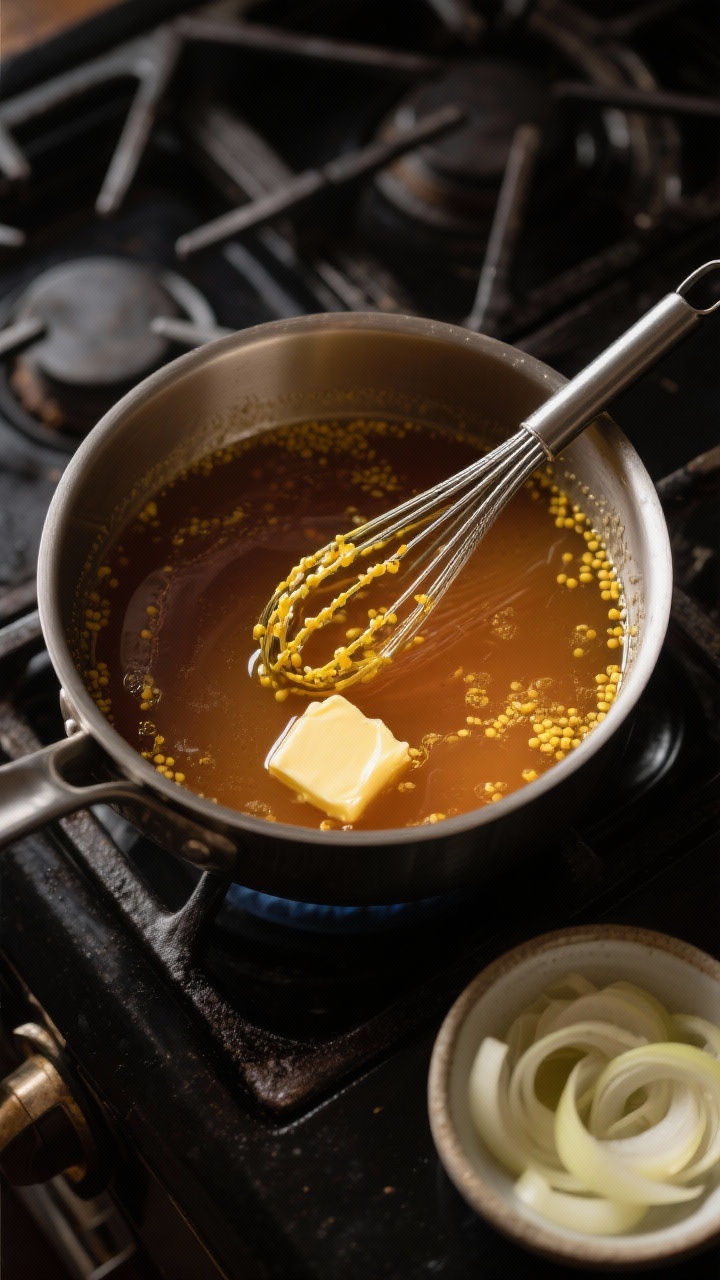 Cooking process: Overhead shot of the reduced apple cider cooking liquid simmering in a saucepan, th