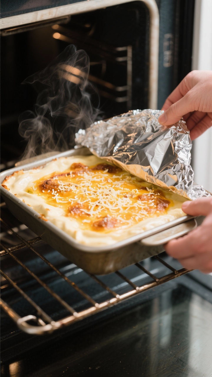 Cooking process: Overhead shot of the savory casserole mid-bake reveal—foil being lifted off the 9