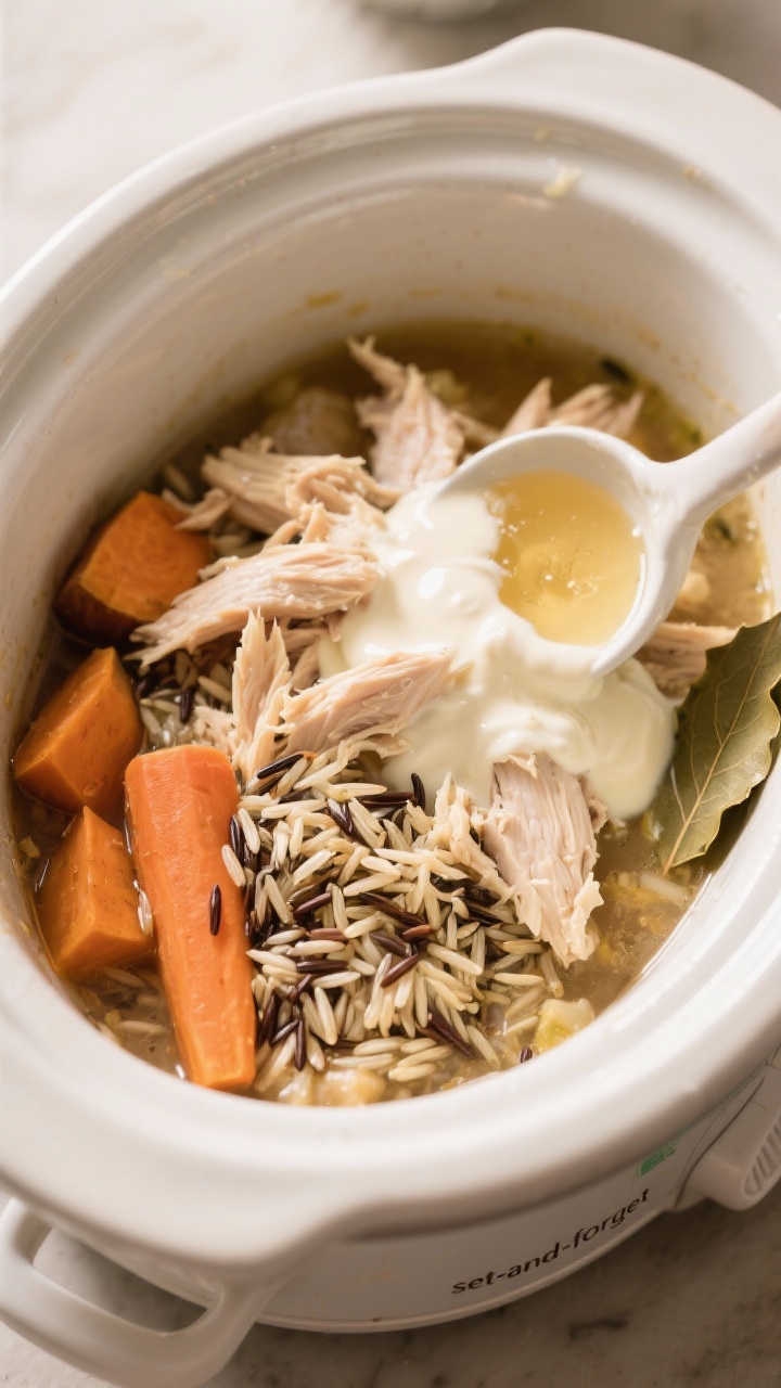 Cooking process: Overhead shot of the slow cooker just after shredding and returning the chicken, wi