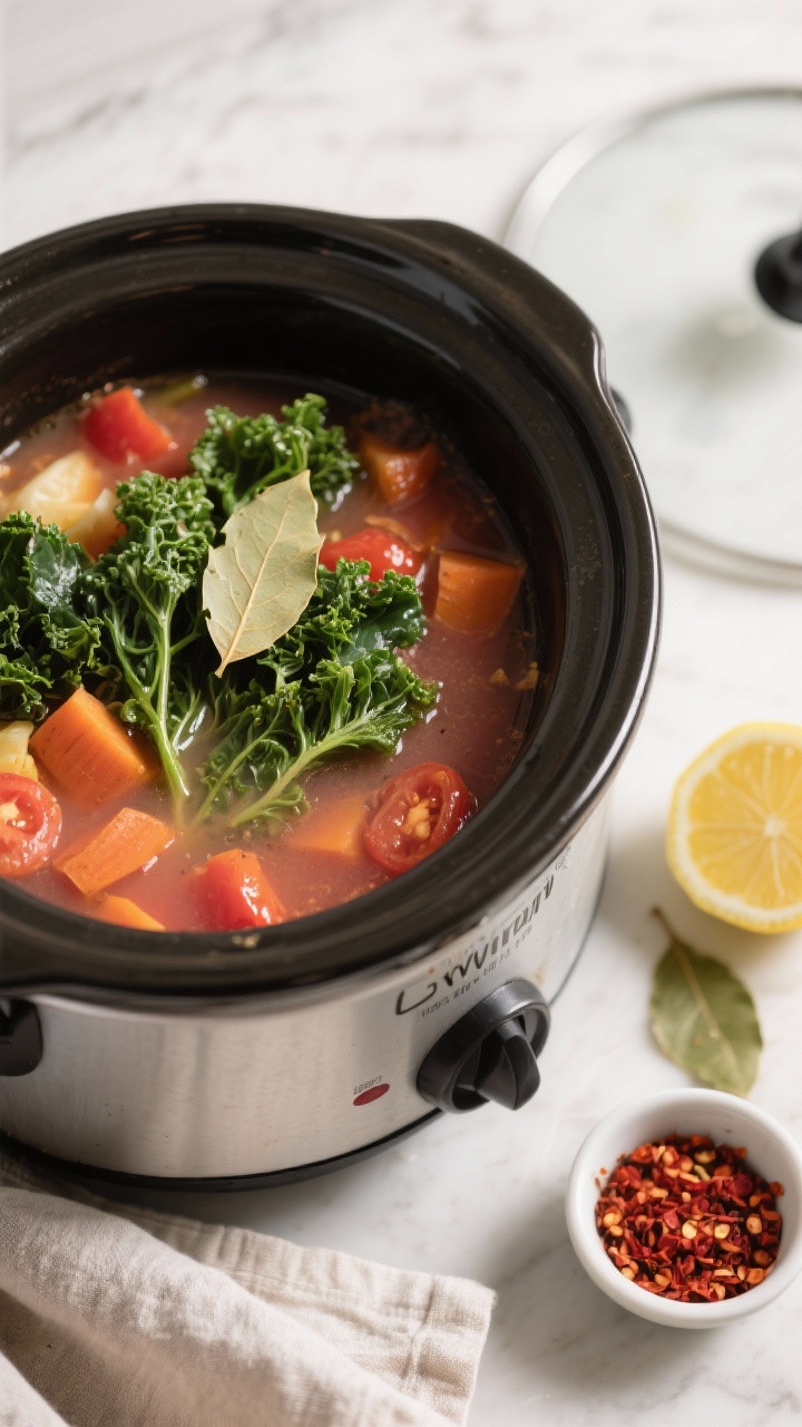 Cooking process: Overhead shot of the slow cooker mid-simmer after hours on Low, vegetables perfectl