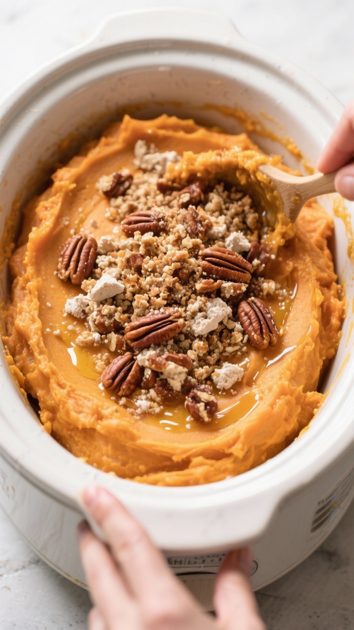 Cooking process: Overhead shot of the slow cooker filled with mashed sweet potatoes just after the w