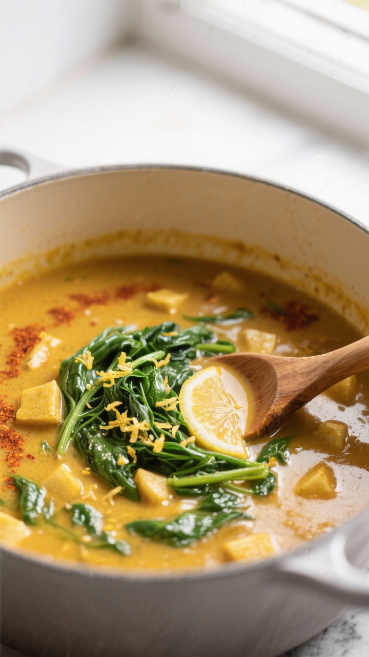 Cooking process: Overhead shot of the soup base right after blending a portion back in—silky, thic