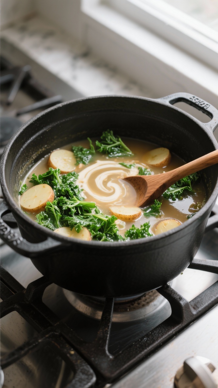 Cooking process: Overhead shot of the soup simmering in a matte black Dutch oven right after kale ha