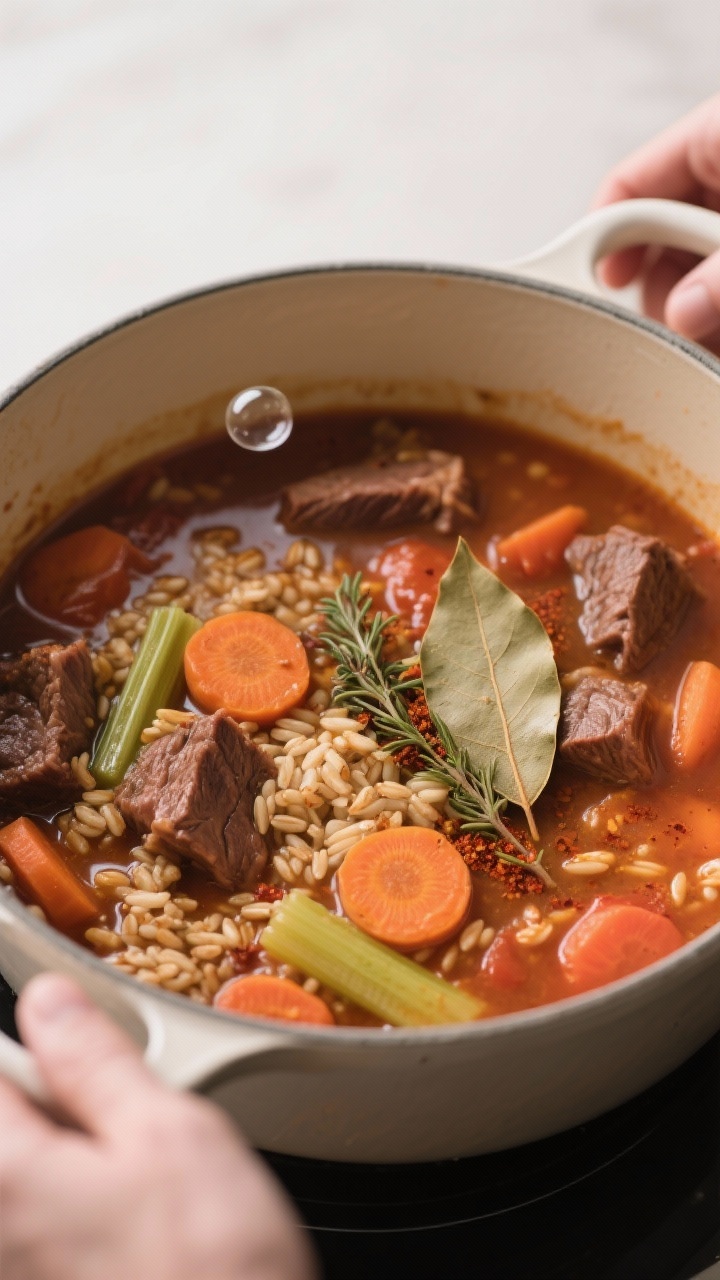 Hearty Beef & Barley Stew for Cold Winter Days: The One-Pot Powerhouse That Makes Winter Worth It Cooking process: Overhead shot of the stew mid-simmer—barley plumping, tender beef pieces, carrot
