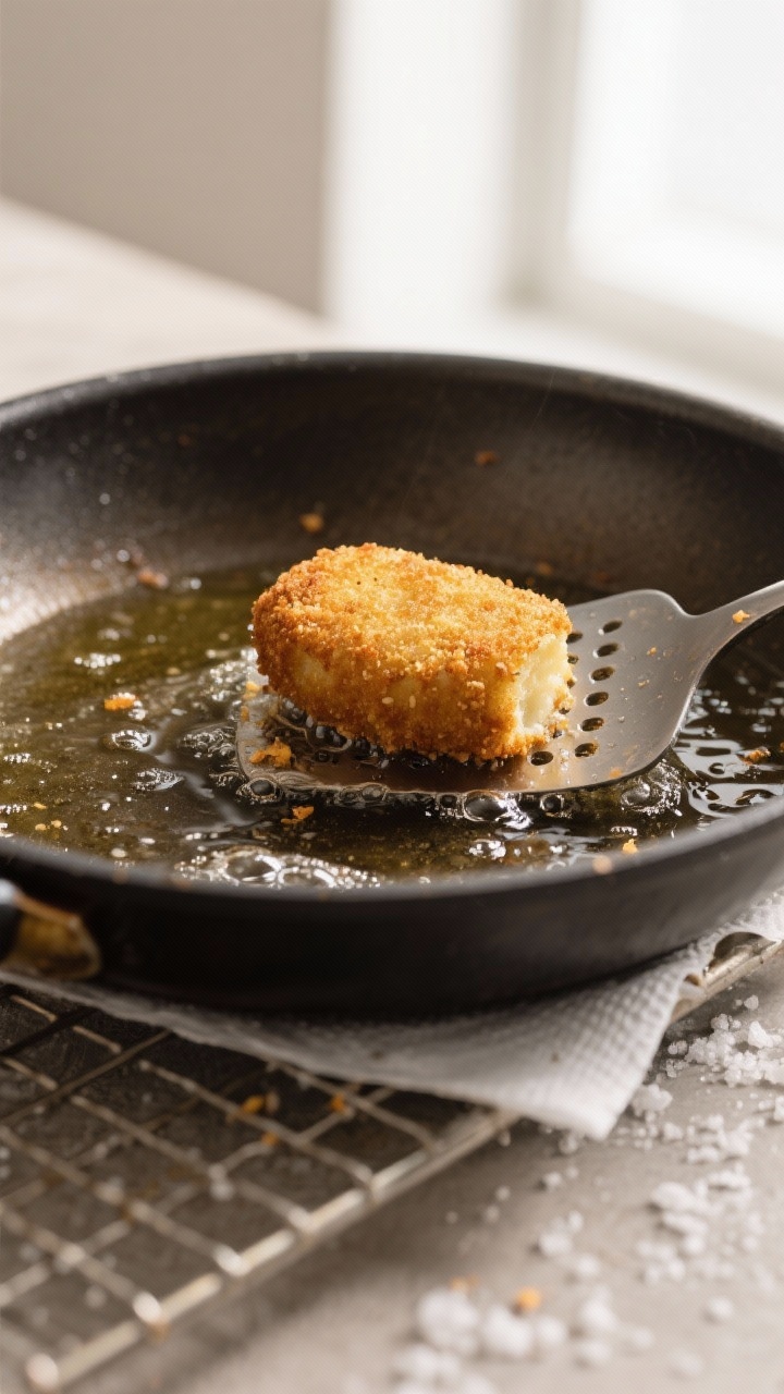 Cooking process: Potato croquettes being pan-fried in a shallow layer of oil, golden on two sides wi