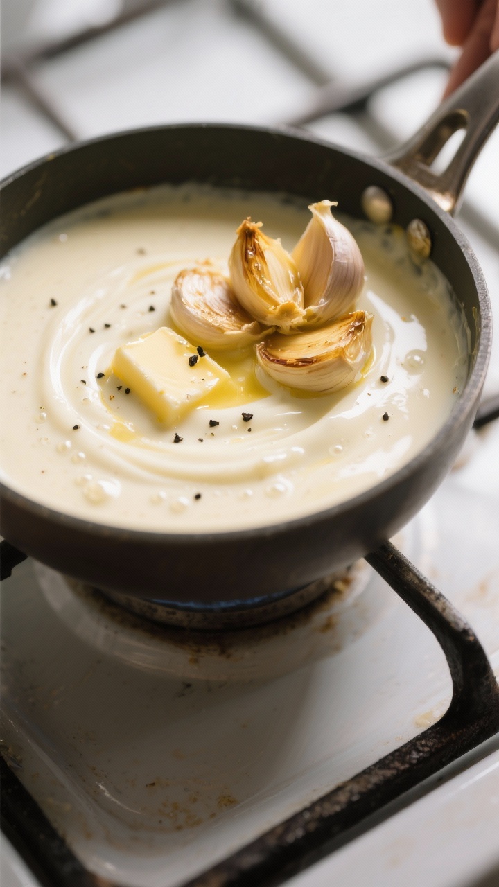Cooking process: Roasted garlic cloves squeezed into a golden paste and stirred into butter-warmed h