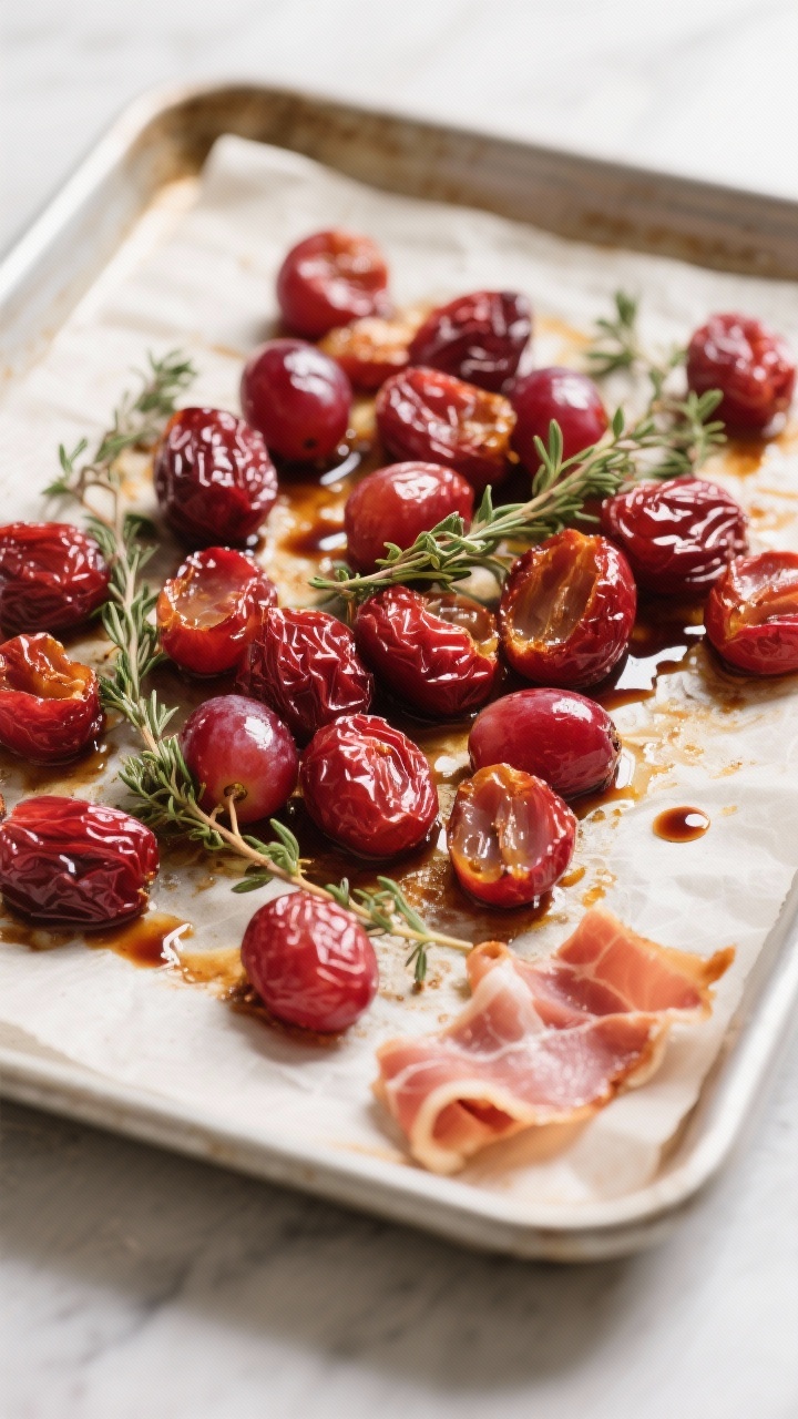 Cooking process: Roasted red grapes with thyme on a parchment-lined sheet pan, skins wrinkled and ju