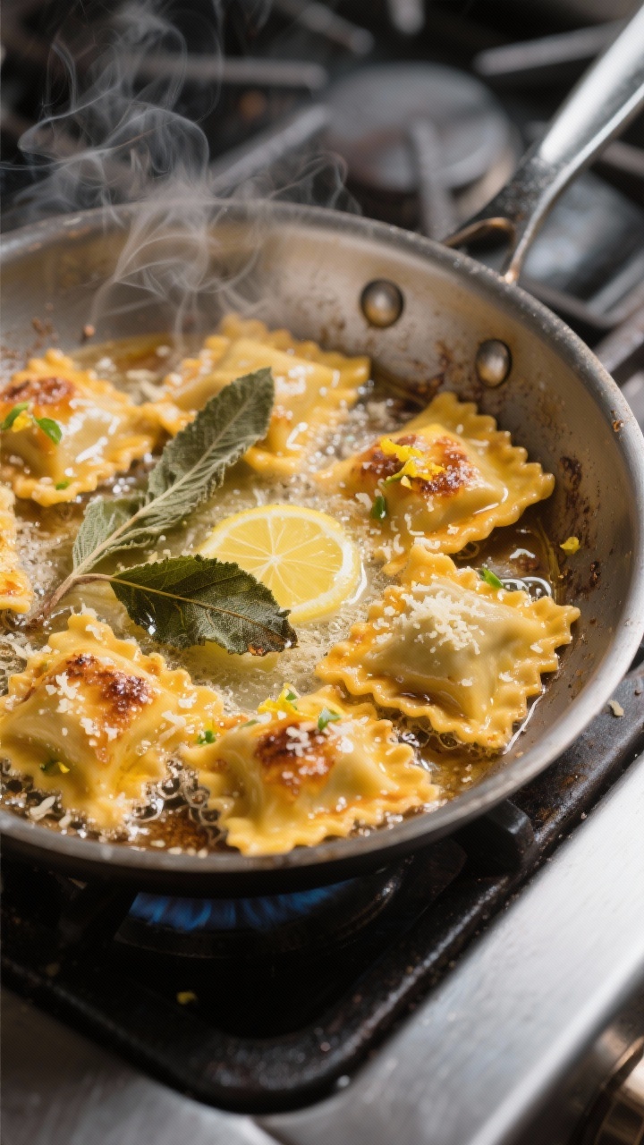 Cooking process: Sage brown butter pumpkin ravioli bites sizzling in a stainless skillet, butter foa