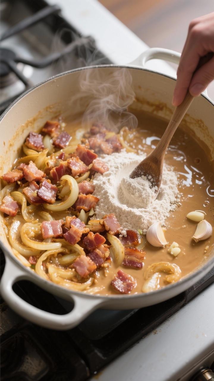 Cooking process — Sauté base: Thick-cut bacon crumbles and golden onions shimmering in a Dutch ov