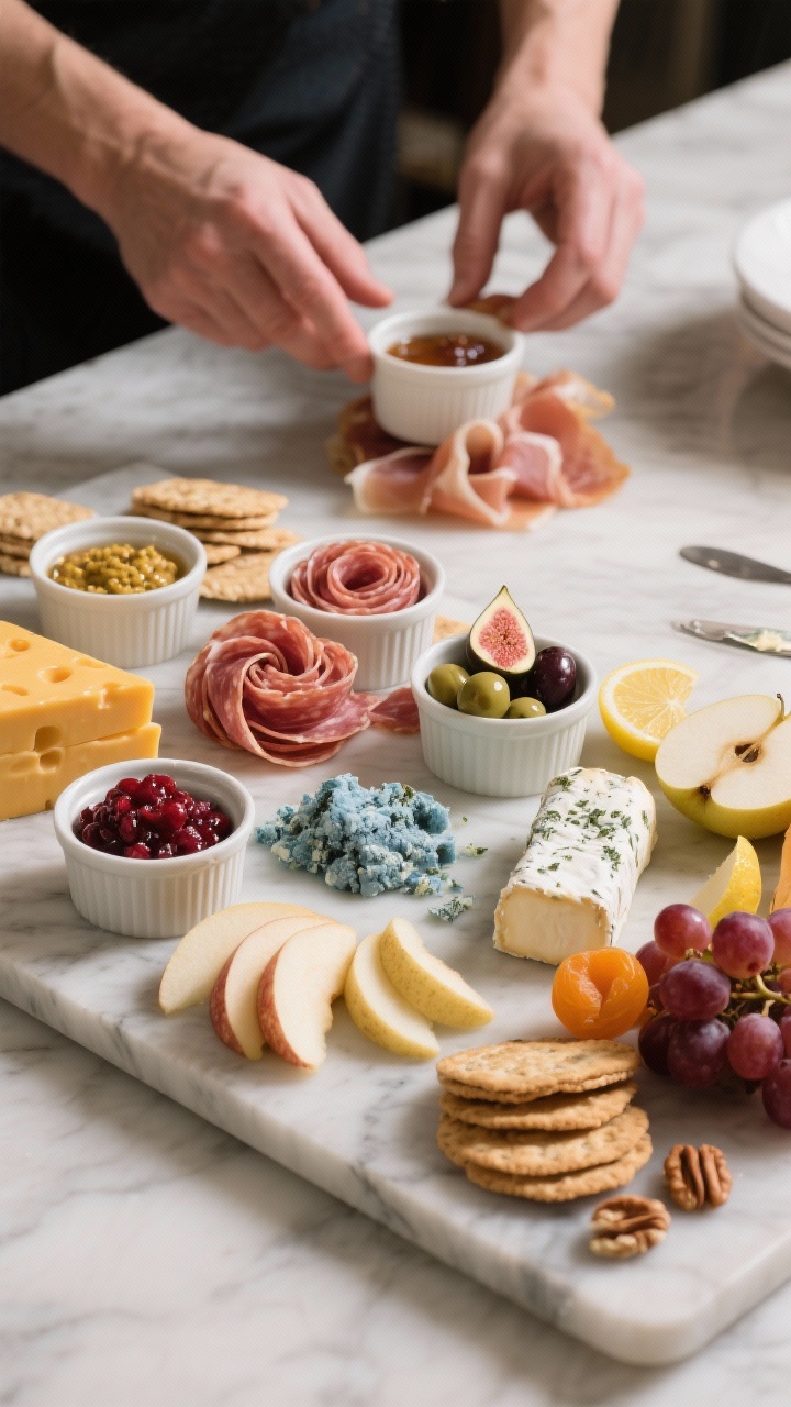 Festive Thanksgiving Charcuterie Board Ideas: The Showstopping Grazing Platter Your Guests Won’t Stop Talking About Cooking process shot: charcuterie assembly in progress on a marble slab—small ramekins already anc