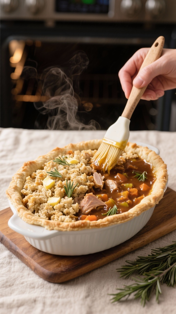Cooking process shot: Stuffing-&-Gravy Pot Pie filling just transferred to a white baking dish, bubb