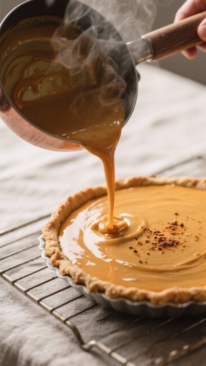 Cooking process: Silky pumpkin custard being poured into the warm, par-baked crust; stream of glossy