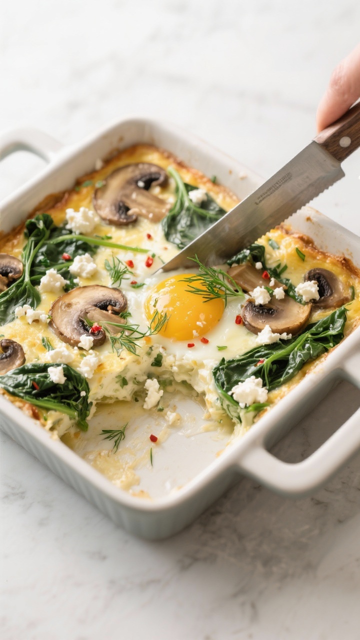 Healthy Christmas Breakfast Ideas for a Balanced Holiday Start: 7 Festive Plates That Taste Like Indulgence (But Aren’t) Cooking process: Spinach, Mushroom & Feta Egg Bake just pulled from the oven in a 9x9 ceramic dish,