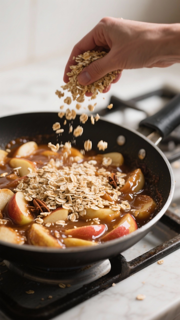 Cooking process: The oat topping being sprinkled over the glossy apple-caramel filling in a deep ski