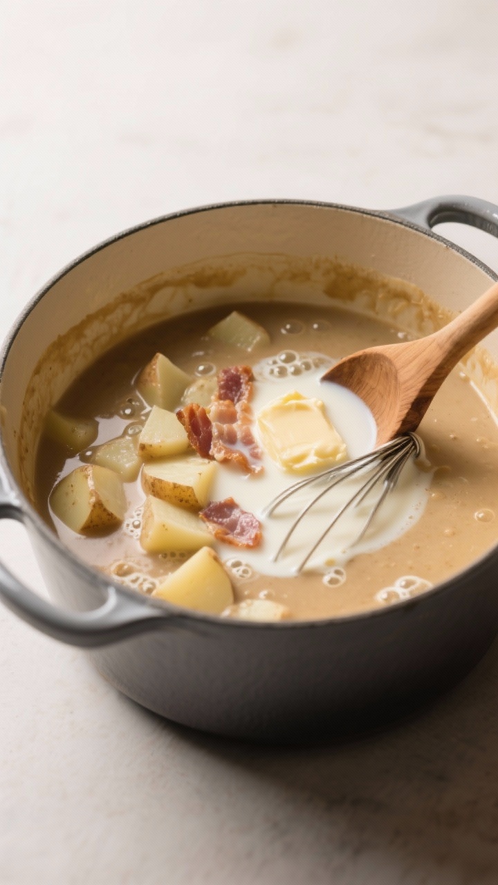 Loaded Baked Potato Soup for the Ultimate Comfort Bowl: Creamy, Cheesy, Bacon-Loaded Magic You’ll Make on Repeat Cooking process: The roux-based base turning velvety as milk and broth are whisked in, with diced po