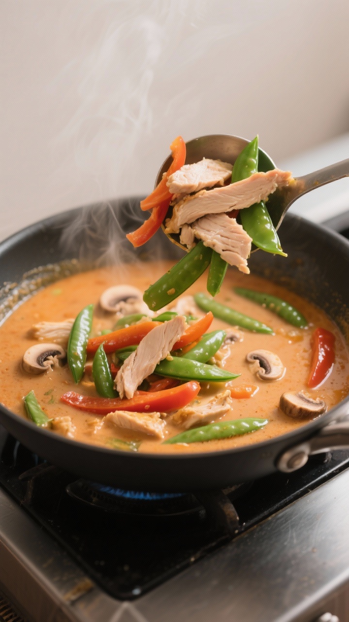Thai Coconut Curry Soup for Spicy Cozy Vibes: The 20-Minute Comfort Bowl You’ll Crave All Week Cooking process: Thinly sliced chicken and snap peas being added to the simmering curry broth, tende
