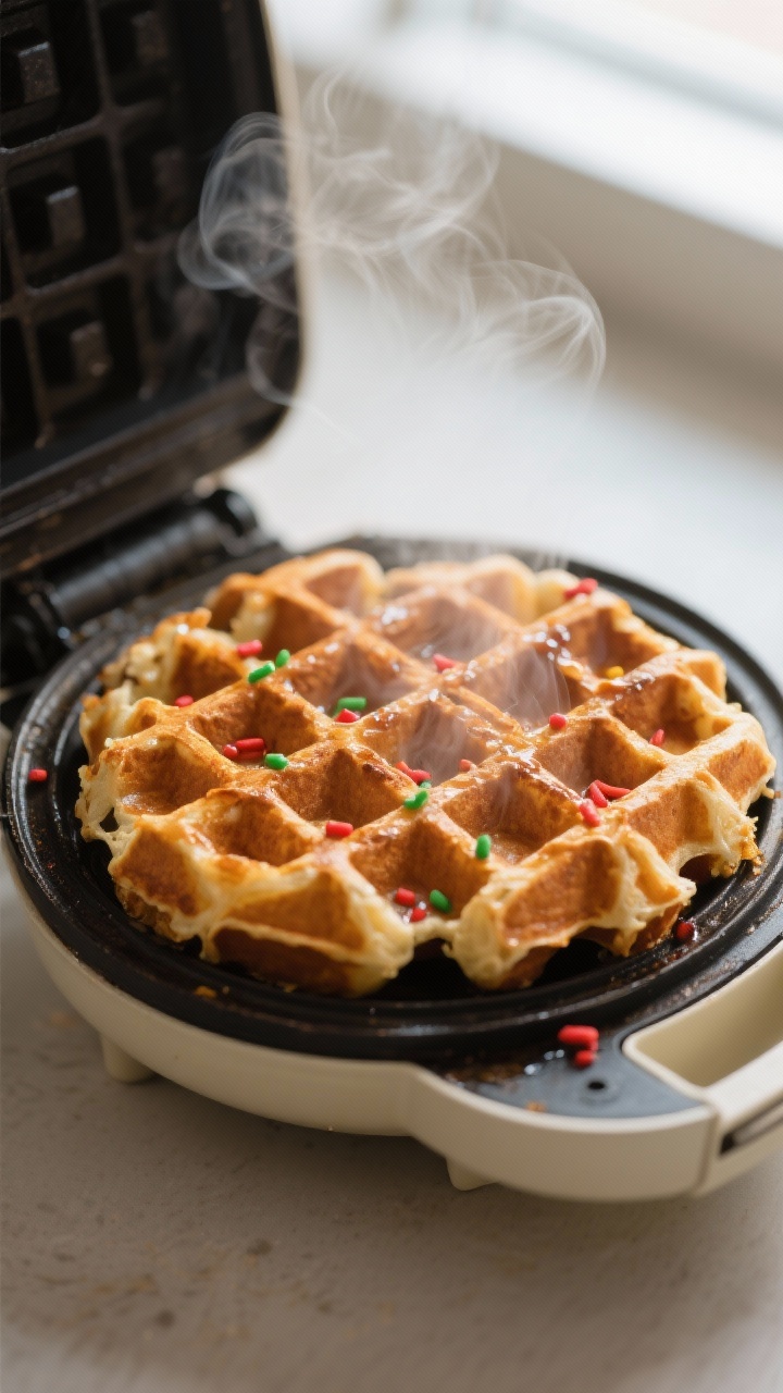 Cooking process: Waffle iron just opened to reveal a deep golden, shatter-crisp waffle with defined 
