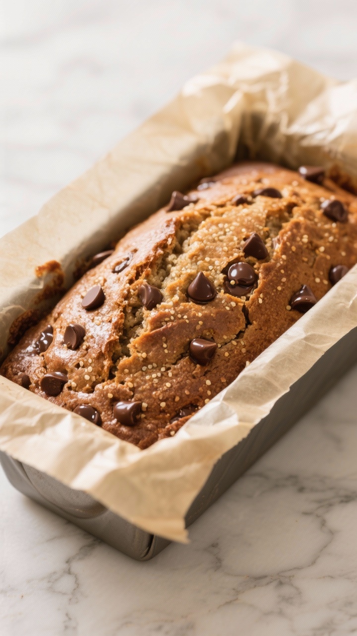 Double Chocolate Pumpkin Bread for the Ultimate Treat: The Cozy Loaf That Eats Like Dessert and Smells Like a Hug Final bake in pan: Three-quarter angle of the baked loaf still in the parchment-lined tin, domed wit