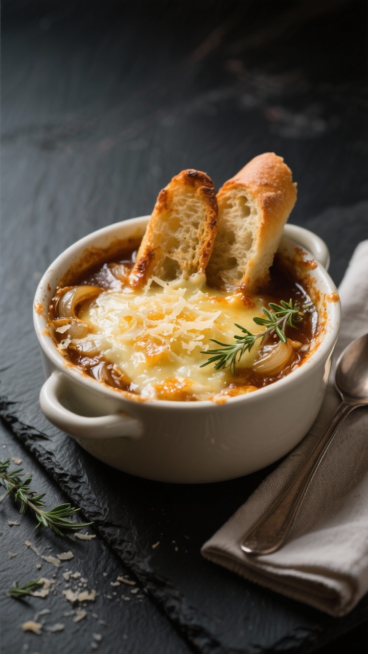 Final dish: Broiler-safe crock of French Onion Soup topped with perfectly bronzed, bubbling Gruyere 