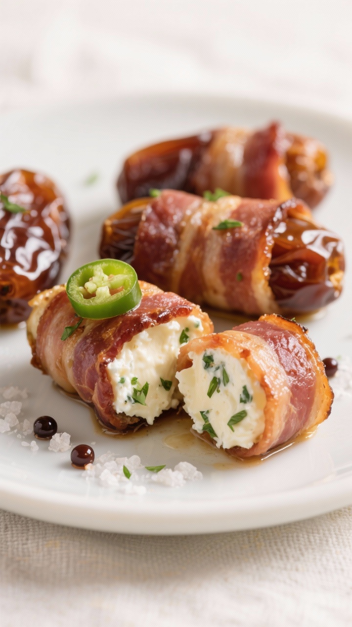 These Bacon-Wrapped Stuffed Dates with Goat Cheese Are the 3-Ingredient Flex Your Guests Won’t Shut Up About Final dish close-up: A small appetizer plate with three bacon-wrapped stuffed dates, one cut open to
