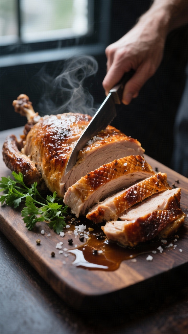 Juicy Herb Butter Roasted Turkey Recipe That Breaks the Internet (and Your Guests’ Silence) Final dish close-up: Action-inspired serving board scene of rested turkey being plated—knife out o
