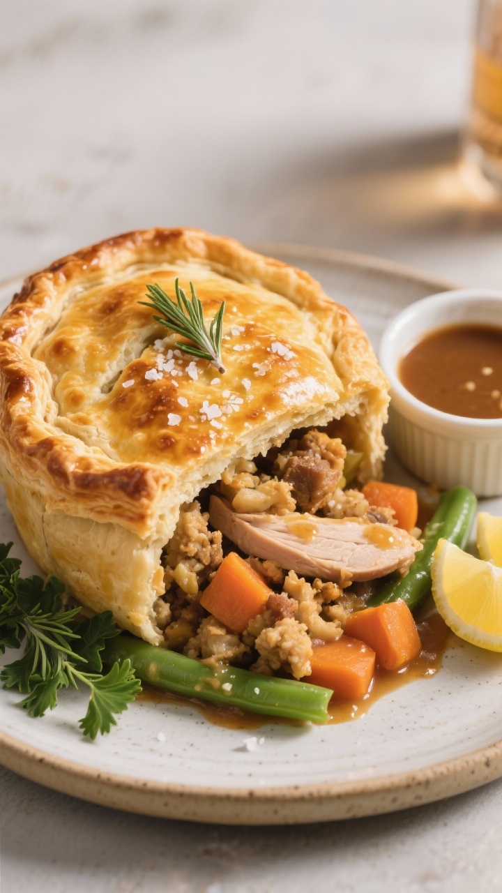 Final dish plated: Golden-brown Stuffing-&-Gravy Pot Pie with puff pastry lid, dramatically puffed a