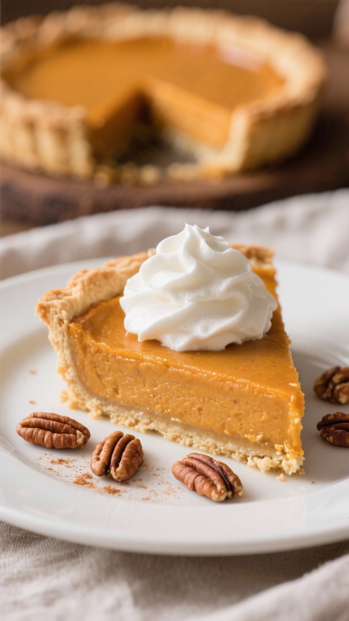 Final dish presentation: A neat slice of classic pumpkin pie on a matte white plate, crowned with a 