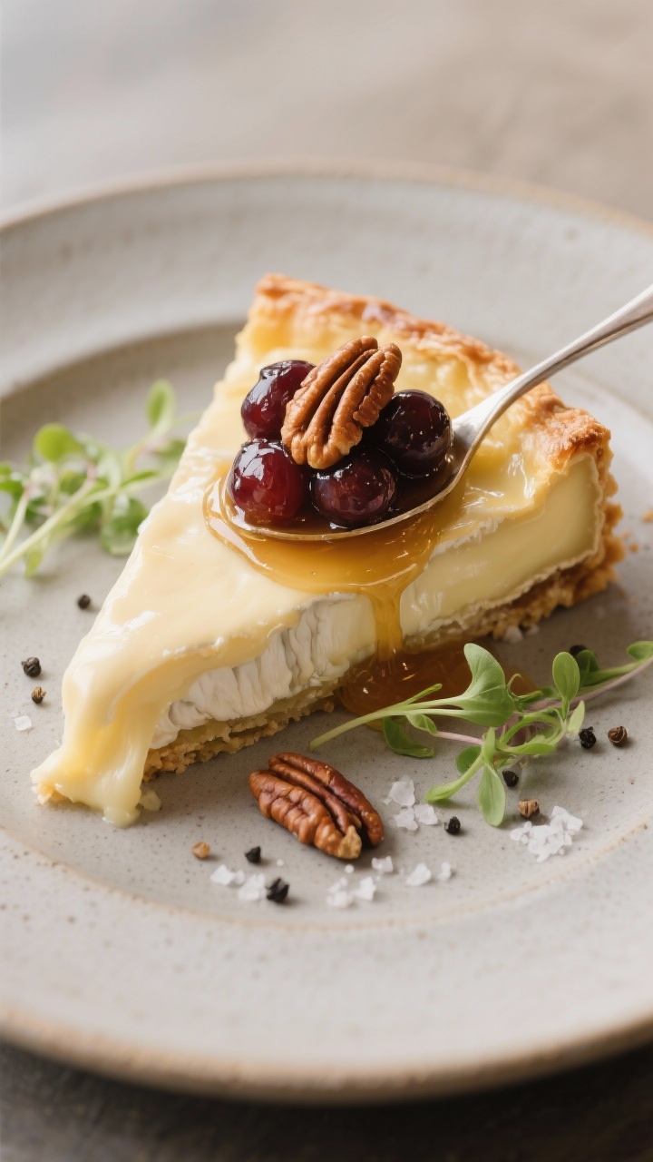 Final dish presentation: A plated slice from the baked brie showing a ribbon of oozy cheese meeting 