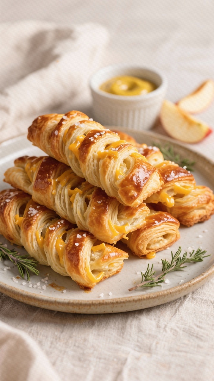Final dish presentation: Apple Cheddar Puff Pastry Twists stacked in a shallow ceramic platter, twis