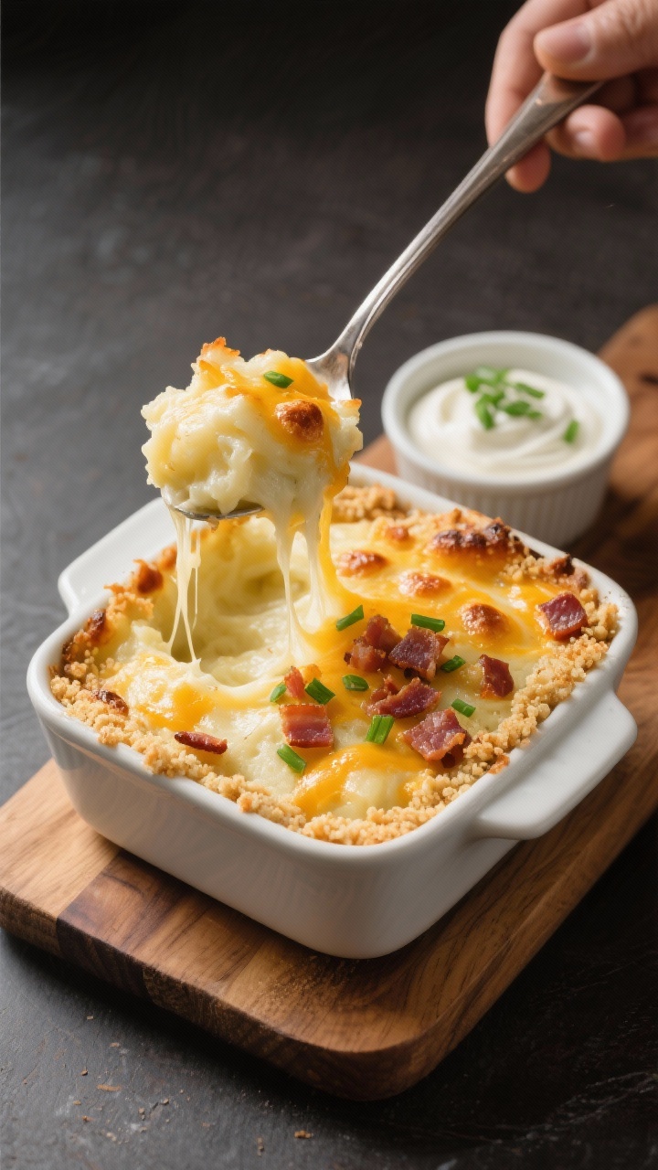 Final dish presentation: Baked mashed potato casserole in an 8x8 dish, bubbly cheese top with broile