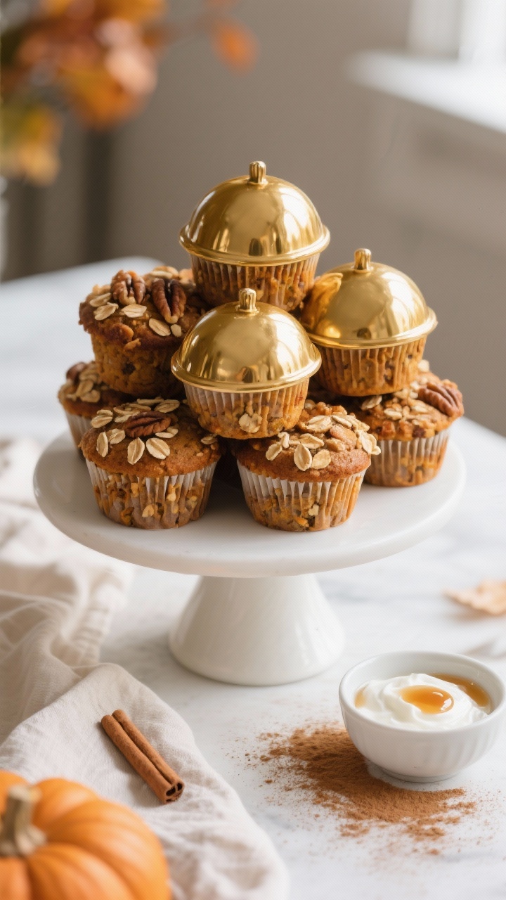 Healthy Pumpkin Muffins Made with Oats: A Cozy, Guilt-Free Breakfast You’ll Actually Crave Final dish presentation: Bakery-style pumpkin oat muffins piled on a matte white cake stand, golden