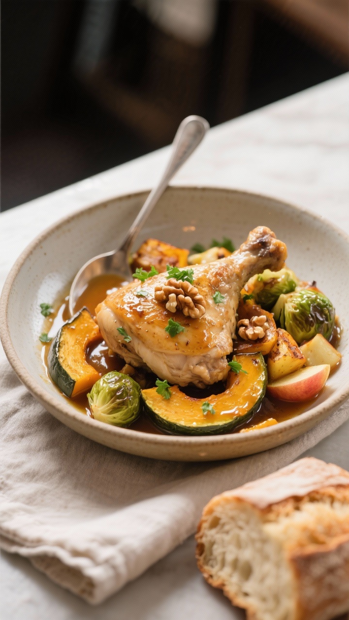 Cozy Fall One-Pan Dinners You’ll Want All Season: The Lazy-Genius Way to Win Weeknights Final dish presentation: Beautifully plated fall one-pan chicken and veggies in a wide, shallow cera