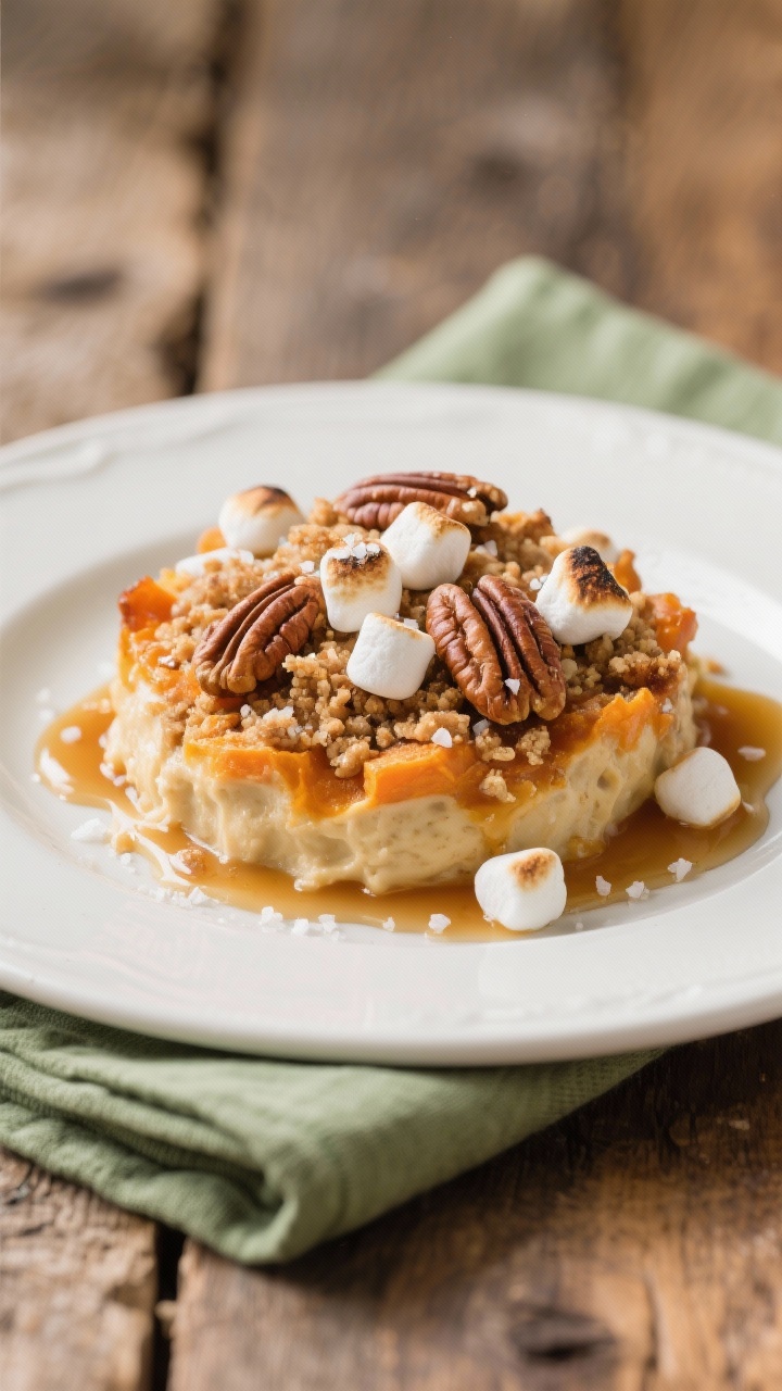 Final dish presentation: Beautifully plated scoop of Crockpot Sweet Potato Casserole with pecan crum