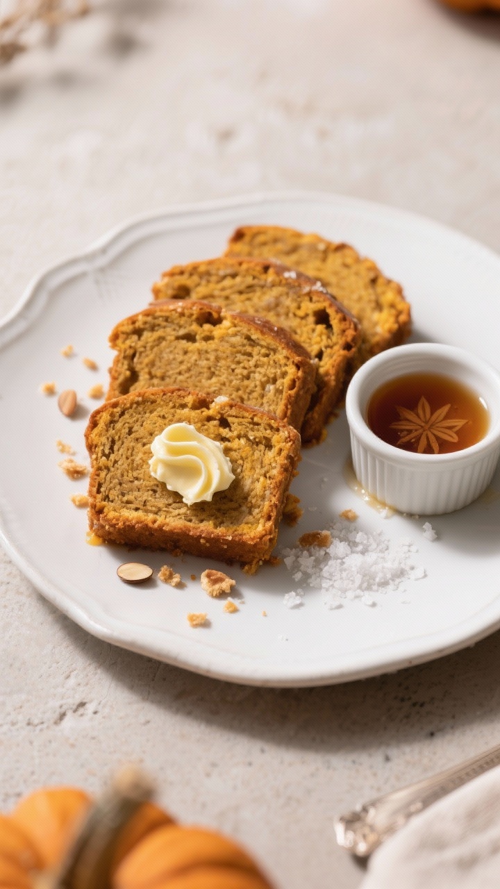 Gluten-Free Pumpkin Bread Made with Almond Flour: The Cozy Loaf You’ll Brag About All Season Final dish presentation: Beautifully plated slices of almond flour pumpkin bread arranged slightly f