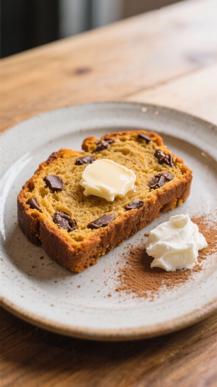 Final dish presentation: Cafe-style plate-up of a warmed slice of chocolate chip pumpkin bread with 