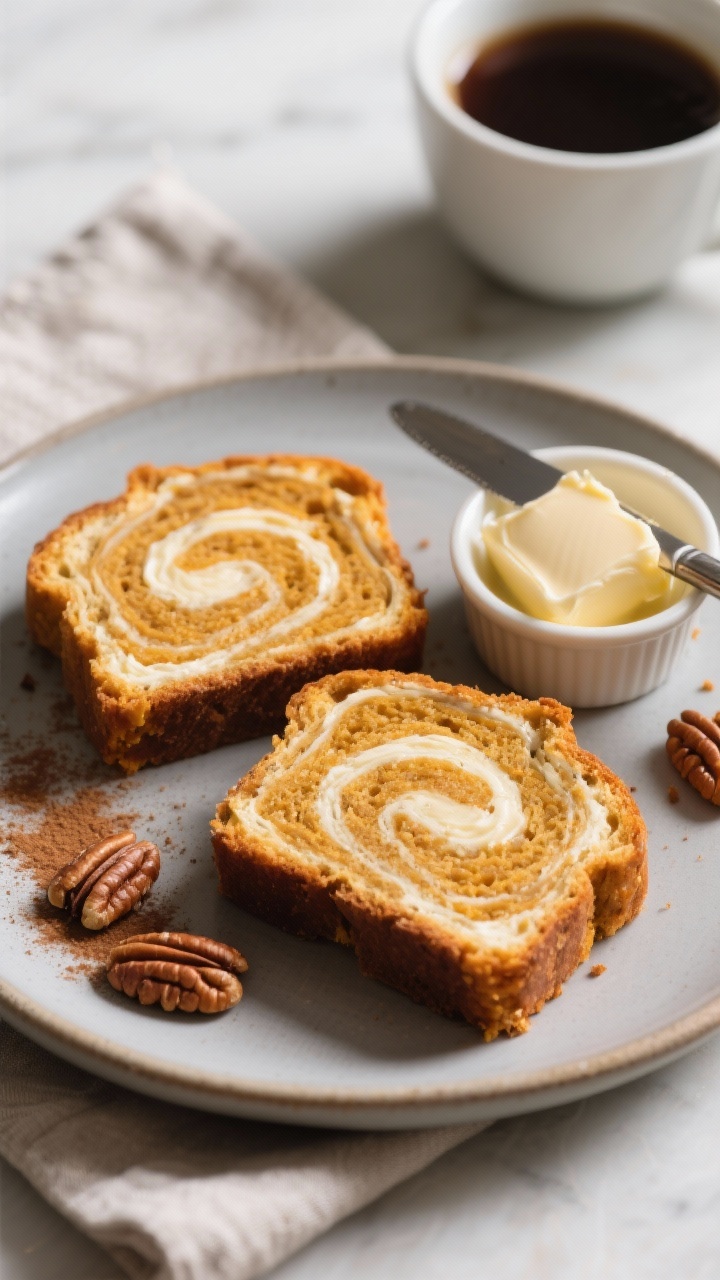 Final dish presentation: Cafe-worthy plate-up—two neat slices of cream cheese–swirled pumpkin br