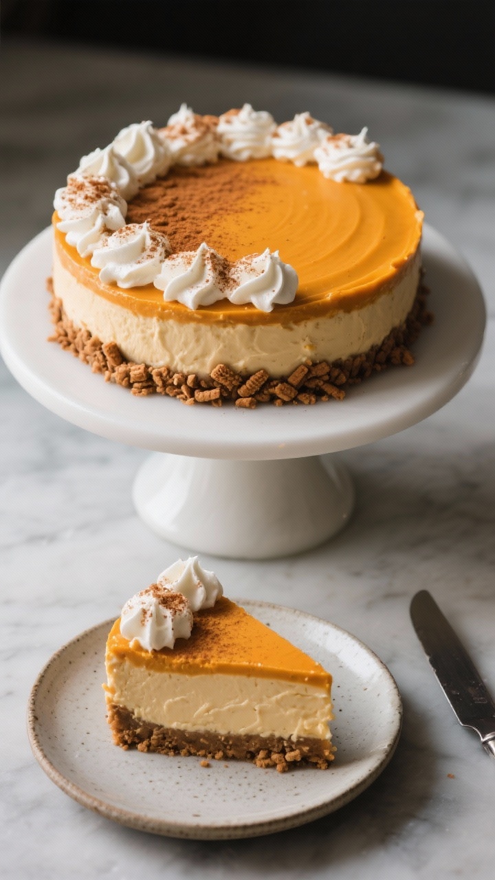 Final dish presentation: No-Bake Pumpkin Cheesecake on a matte white cake stand, smooth, silky pumpk