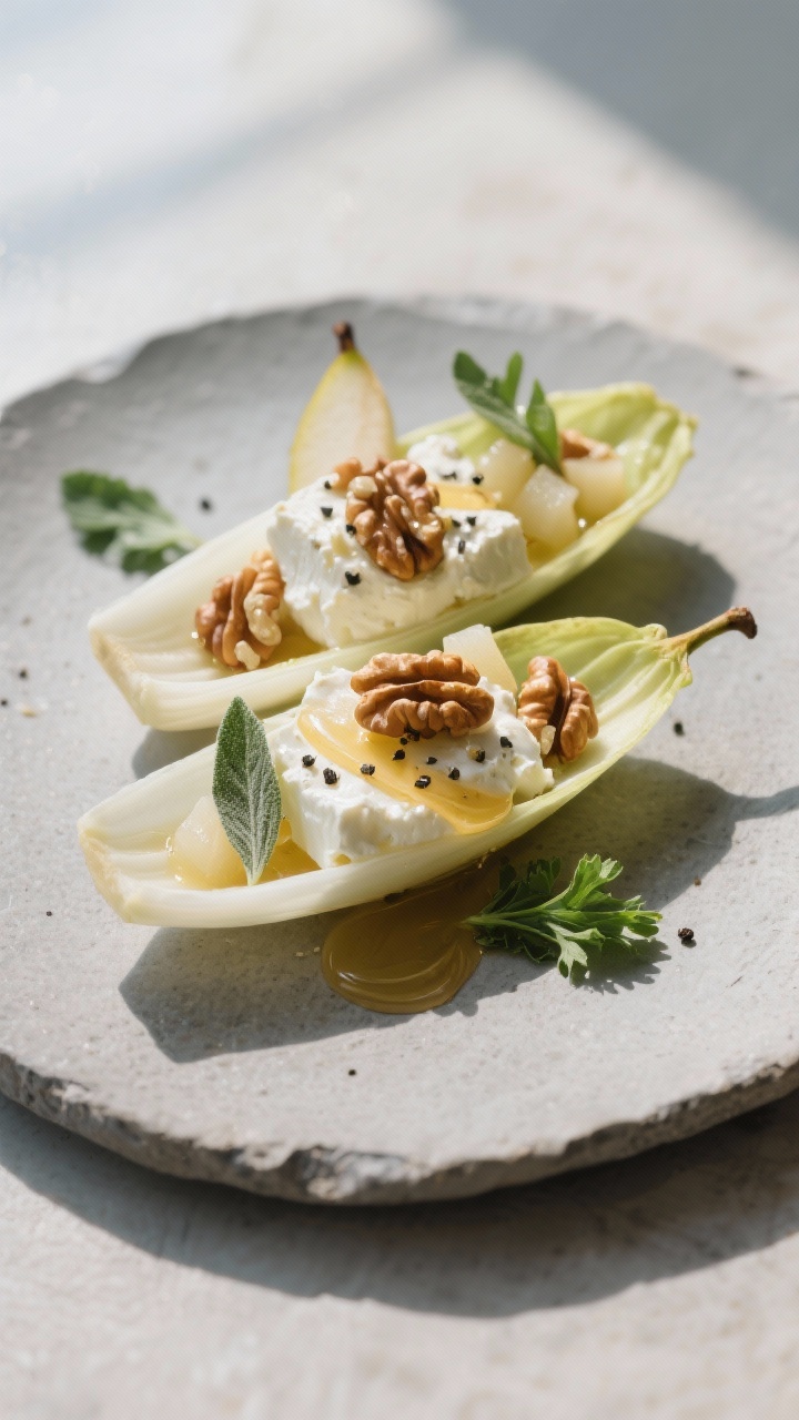 Healthy Fall Appetizers That Don’t Compromise on Flavor: Cozy Bites You’ll Brag About All Season Final dish presentation: Pear, walnut, and goat cheese endive boats arranged in a fan on a matte sto