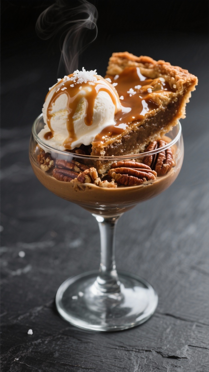 Final dish presentation: Pecan pie sundae plated in a chilled coupe glass—warm slice of pecan pie 