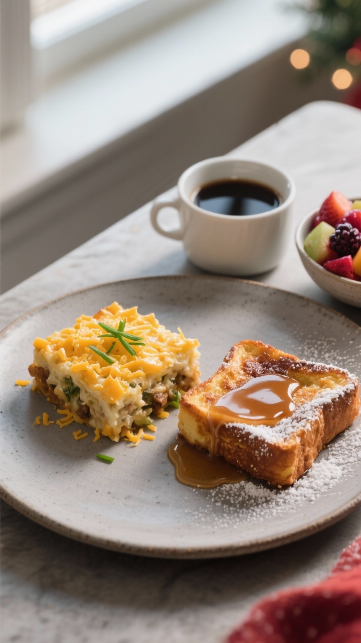 Final dish presentation: Plated duo breakfast spread—one square of savory casserole and one square